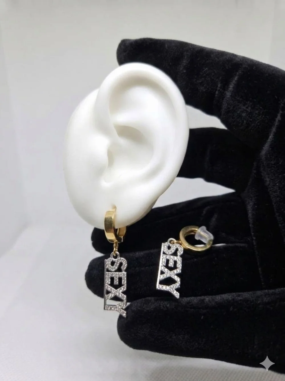Gold Hoop Earrings with 'SEXY' Crystal Pendant - Gold